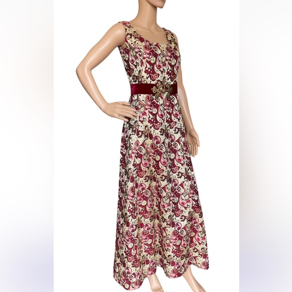 Vintage Gino Charles Brocade Metallic Maxi Dress with Velvet Belt XS Small - Picture 5 of 16